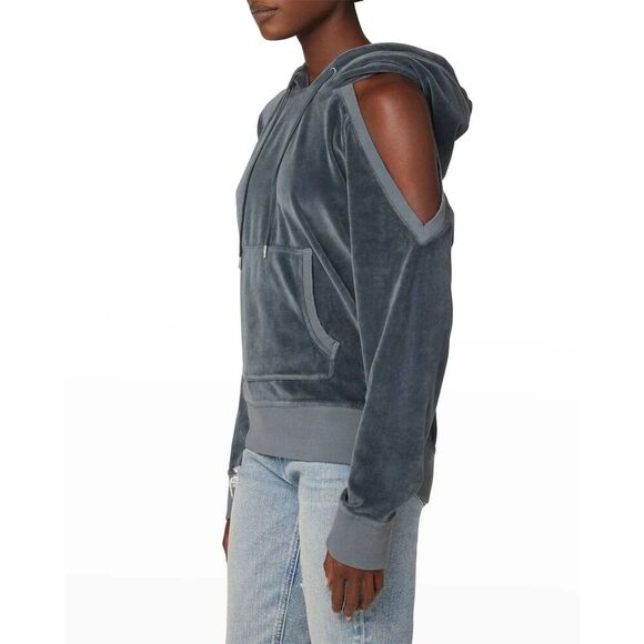 HUDSON Blue Frost Velvet Velour Cold Shoulder Hoodie Sweatshirt Size Small - Picture 2 of 10